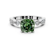 Solitaire Engagement Ring Setting for Fancy Green Cushion Cut Center with Milgrain Bezel Accents and Prong Head in White Gold