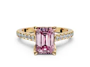Solitaire Engagement Ring Setting for Fancy Pink Emerald Cut Center with Widening Pave Band and Claw Prong Head in Yellow Gold