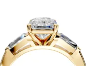 3 Stone Engagement Ring Setting for Radiant Cut Center with Tapered Baguettes, Plain Band and Prong Head in Yellow Gold
