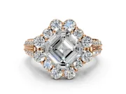 Large Accent Halo Engagement Ring Setting for Asscher Cut Center with Pave Split Shank and Prong Head in Rose Gold
