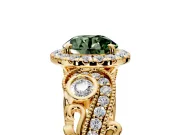 Milgrain Halo Engagement Ring Setting for Fancy Green Round Cut Center with Shoulder Bezels and Prong Head in Yellow Gold