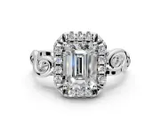 Halo Engagement Ring Setting for Emerald Cut Center with Open Scroll Shoulders and Prong Head in Sterling Silver
