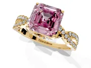 Solitaire Engagement Ring Setting for Fancy Pink Asscher Cut Center with Narrow Twist Pave Band and Prong Head in Yellow Gold