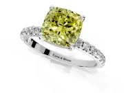 Solitaire Engagement Ring Setting for Fancy Yellow Cushion Cut Center with Micro Pave Band and Prong Head in White Gold