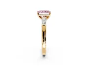 3 Stone Engagement Ring Setting for Fancy Pink Radiant Cut Center with Tapered Baguettes, Plain Band and Prong Head in Yellow Gold