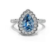 Milgrain Floral Halo Engagement Ring Setting for Fancy Blue Pear-Shaped Center with Pave Band and Prong Head in Sterling Silver