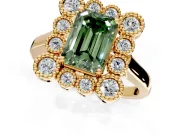 Cluster Halo Engagement Ring Setting for Fancy Green Emerald Cut Center with Milgrain Bezel Accents and Prong Head in Yellow Gold