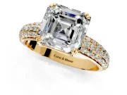 Solitaire Engagement Ring Setting for Asscher Cut Center with Multi-Row Pave Accents and Basket Head in Yellow Gold