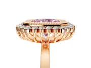 Halo Engagement Ring Setting for Fancy Pink Radiant Cut Center with Milgrain Bezel Rim, Plain Band and Prong Head in Rose Gold