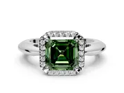 Halo Engagement Ring Setting for Fancy Green Asscher Cut Center with Tapered Plain Band and Prong Head in Sterling Silver