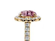 Halo Engagement Ring Setting for Fancy Pink Round Cut Center with Narrowing Pave Band and Prong Head in Yellow Gold