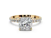 Solitaire Engagement Ring Setting for Cushion Cut Center with Micro Pave Band and Prong Head in Yellow Gold