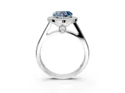 Halo Engagement Ring Setting for Fancy Blue Heart-Shaped Center with Outer Bezel Rim, Pave Band and Prong Head in Sterling Silver
