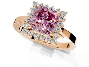 Starburst Halo Engagement Ring Setting for Fancy Pink Cushion Cut Center with Flat Cathedral Band and Prong Head in Rose Gold
