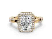 Halo Engagement Ring Setting for Radiant Cut Center with Pave and Plain Twist Band and Prong Head in Yellow Gold