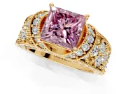 Pave Engagement Ring Setting for Fancy Pink Princess Cut Center with Curved Accent Rows, Openwork and Prong Head in Yellow Gold
