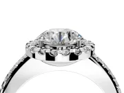 Pave Halo Engagement Ring Setting for Round Cut Center with Single Row Pave Band and Prong Head in White Gold