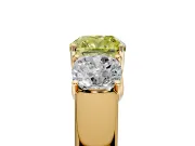 3 Stone Engagement Ring Setting for Fancy Yellow Cushion Cut Center with Raised Basket Heads and Prong Head in Yellow Gold