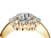 Halo Engagement Ring Setting for Round Cut Center with Milgrain Channel Band and Prong Head in Yellow Gold