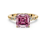 Solitaire Engagement Ring Setting for Fancy Pink Asscher Cut Center with Bezel-Dot Beaded Band and Prong Head in Yellow Gold
