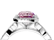Halo Engagement Ring Setting for Fancy Pink Radiant Cut Center with Pave and Plain Twist Band and Prong Head in Platinum
