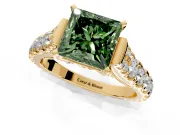 Solitaire Engagement Ring Setting for Fancy Green Princess Cut Center with Pave Cathedral Shoulders and Prong Head in Yellow Gold