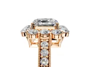 Halo Engagement Ring Setting for Asscher Cut Center with Milgrain Channel Band and Prong Head in Rose Gold