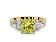 3 Stone Engagement Ring Setting for Fancy Yellow Cushion Cut Center with Round Cut Side Accents and Prong Head in Yellow Gold