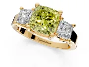 3 Stone Engagement Ring Setting for Fancy Yellow Cushion Cut Center with Matching Side Accents and Prong Head in Yellow Gold