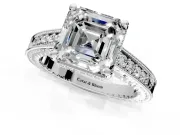 Engraved Engagement Ring Setting for Asscher Cut Center with Milgrain Pave Band and Prong Head in Platinum