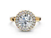 Halo Engagement Ring Setting for Round Cut Center with Thin Plain Band and Prong Head in Yellow Gold