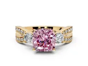 3 Stone Engagement Ring Setting for Fancy Pink Cushion Cut Center with Pave Twist Band and Prong Head in Yellow Gold