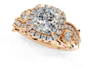 Milgrain Halo Engagement Ring Setting for Cushion Cut Center with Shoulder Bezels and Prong Head in Rose Gold