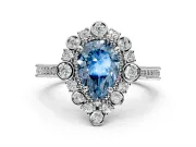 Milgrain Halo Engagement Ring Setting for Fancy Blue Pear-Shaped Center with Bezel Point Accents and Prong Head in White Gold