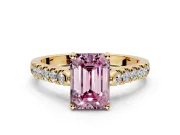 Solitaire Engagement Ring Setting for Fancy Pink Emerald Cut Center with Partway Pave Band and Prong Head in Yellow Gold