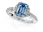 Floral Engagement Ring Setting for Fancy Blue Emerald Cut Center with Four Accent Clusters and Prong Head in White Gold