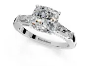 3 Stone Engagement Ring Setting for Cushion Cut Center with Tapered Baguettes, Plain Band and Prong Head in Sterling Silver