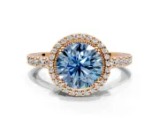 Halo Engagement Ring Setting for Fancy Blue Round Cut Center with Inner Milgrain Border and Prong Head in Rose Gold