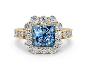 Halo Engagement Ring Setting for Fancy Blue Princess Cut Center with Milgrain Channel Band and Prong Head in Yellow Gold