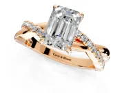 Crossover Engagement Ring Setting for Emerald Cut Center with Pave and Plain Strands and Prong Head in Rose Gold