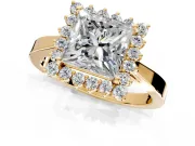 Starburst Halo Engagement Ring Setting for Princess Cut Center with Flat Cathedral Band and Prong Head in Yellow Gold