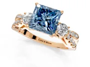3 Stone Engagement Ring Setting for Fancy Blue Princess Cut Center with Pave Split Shank and Prong Head in Rose Gold