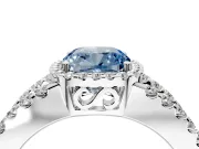 Halo Engagement Ring Setting for Fancy Blue Cushion Cut Center with Wide-Open Pave Split Shank and Prong Head in Sterling Silver