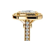 Halo Engagement Ring Setting for Radiant Cut Center with Milgrain Frame, Pave Band and Prong Head in Yellow Gold