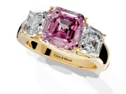 3 Stone Engagement Ring Setting for Fancy Pink Asscher Cut Center with Raised Basket Heads and Prong Head in Yellow Gold