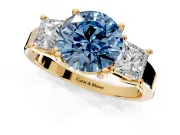 3 Stone Engagement Ring Setting for Fancy Blue Round Cut Center with Matching Side Accents and Prong Head in Yellow Gold