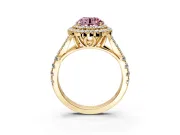 Double Halo Engagement Ring Setting for Fancy Pink Round Cut Center with Narrow Pave Split Shank and Prong Head in Yellow Gold