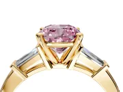 3 Stone Engagement Ring Setting for Fancy Pink Cushion Cut Center with Channel Baguette Accents and Prong Head in Yellow Gold