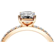 Solitaire Engagement Ring Setting for Emerald Cut Center with Round Cut Pave Band and Prong Head in Rose Gold