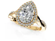 Halo Engagement Ring Setting for Pear-Shaped Center with Twist Band and Prong Head in Yellow Gold